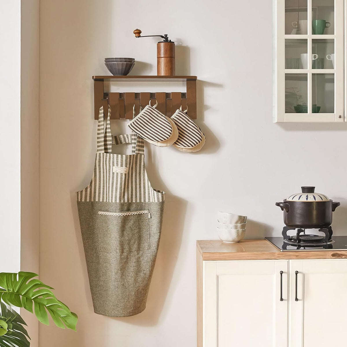 Piano Key Coat Rack Wall Mount with Shelf and 12 Hooks, Walnut HWS008H-2 | Solid Wood Wall Mounted Coat Rack with