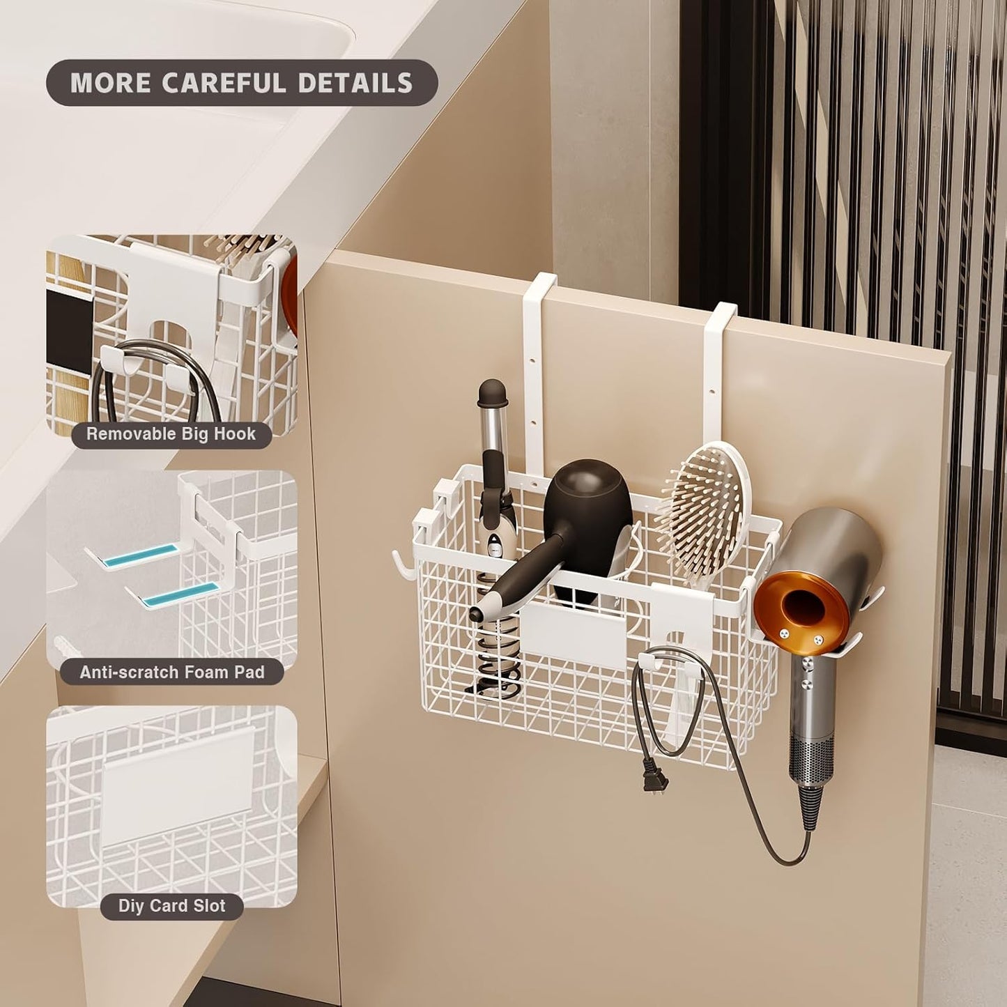 Magheo Hair Dryer Holder Cabinet Door 3-in-1 Adhesive Hair Tool Organizer Wall Mounted Adjustable Height Blow Dryer