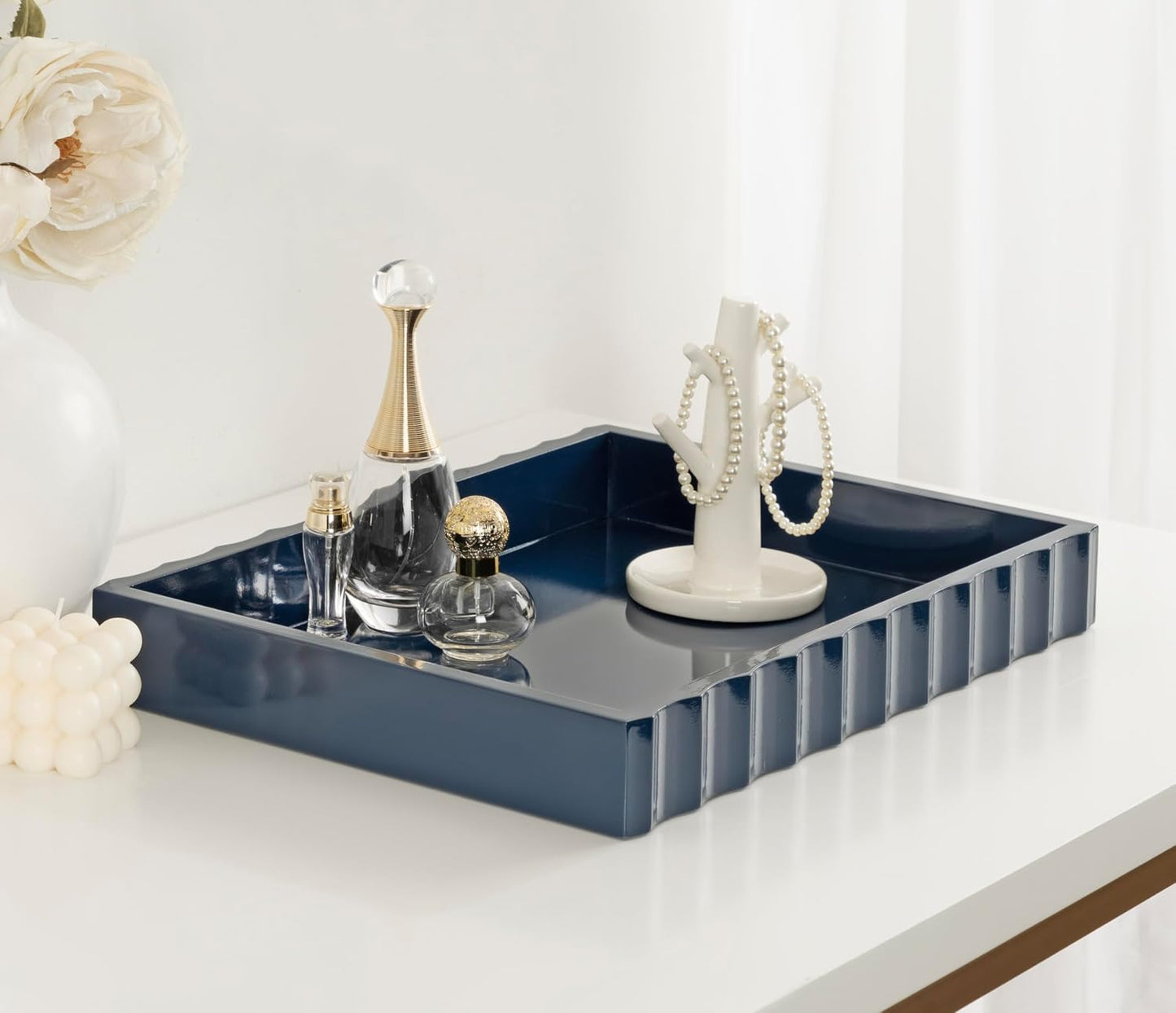 Modern Scalloped Serving Tray / Navy Blue / 16 x 12