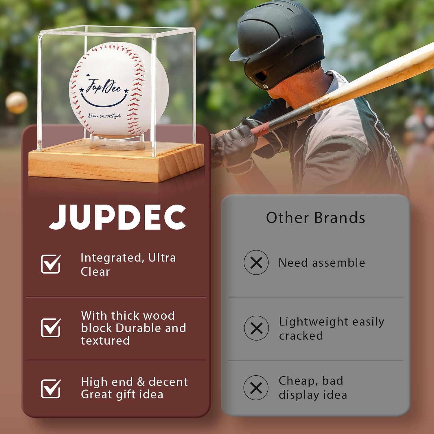 Baseball Display Case, Clear Cube Baseball Holder with Wooden Base, Autograph Baseball Stand Box for Single Ball, Pine