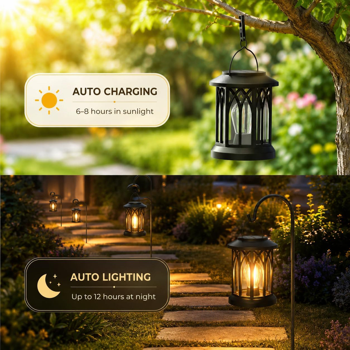 Solar Lanterns Outdoor Waterproof 2 Pack, Hanging Solar Lights with 2700K Warm LED Light, IP65 Solar Powered Lanterns