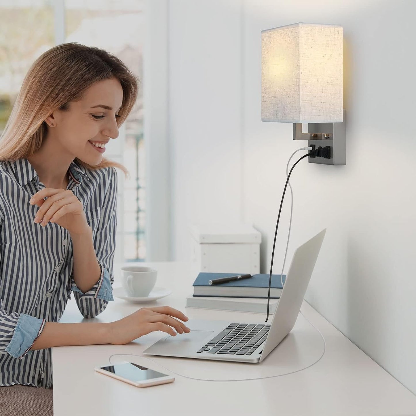 YBING Bedside Wall Lamp Plug in Cord Set of 2, Plug in Wall Sconce Nightstand Wall Lights with Dual USB Ports and AC