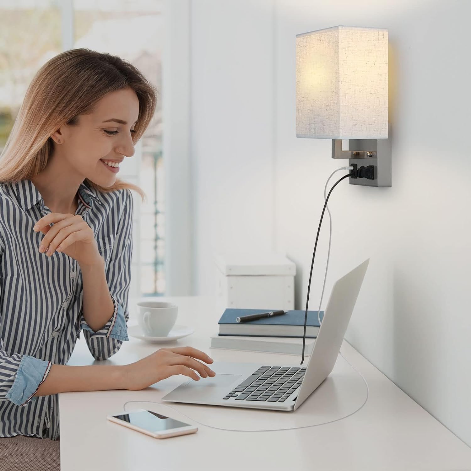 YBING Bedside Wall Lamp Plug in Cord Set of 2, Plug in Wall Sconce Nightstand Wall Lights with Dual USB Ports and AC