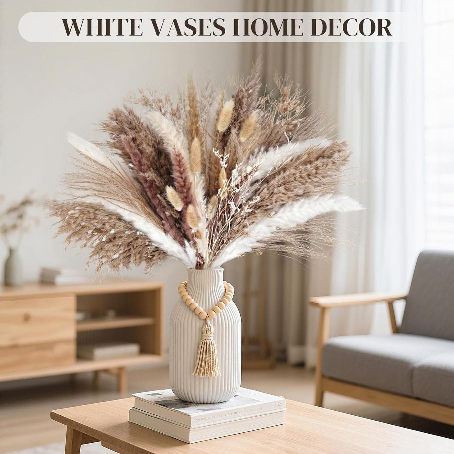 Ceramic Vase / Boho Ribbed Vase / White / 7.9 Inch