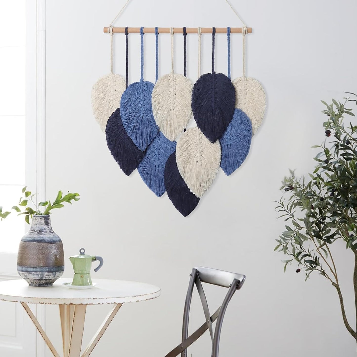 Macrame Wall Hanging Leaves Chic Woven Leaf Tassels Decoration Cotton Ornaments Tapestry / Navy Blue