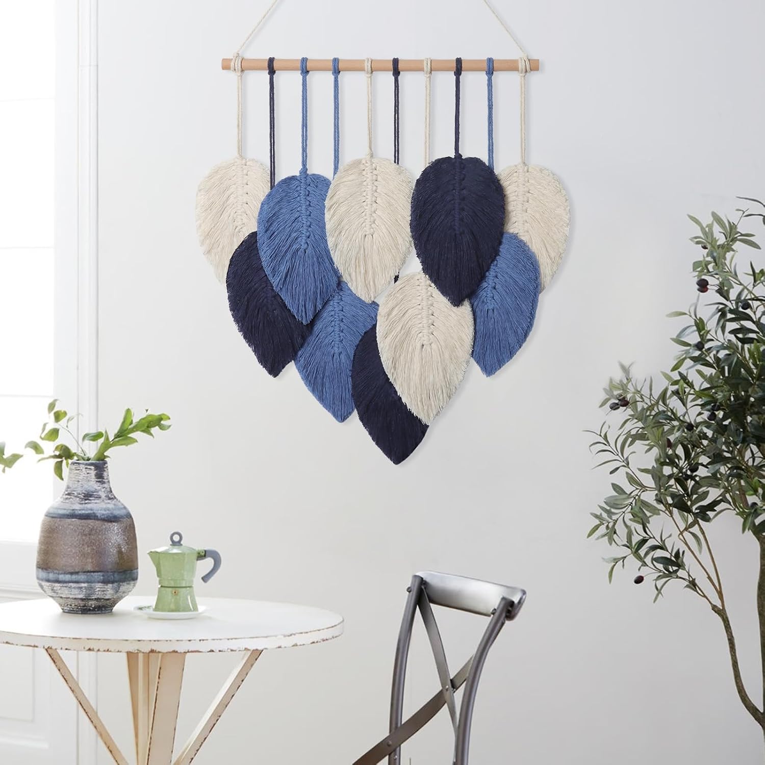 Macrame Wall Hanging Leaves Chic Woven Leaf Tassels Decoration Cotton Ornaments Tapestry / Navy Blue