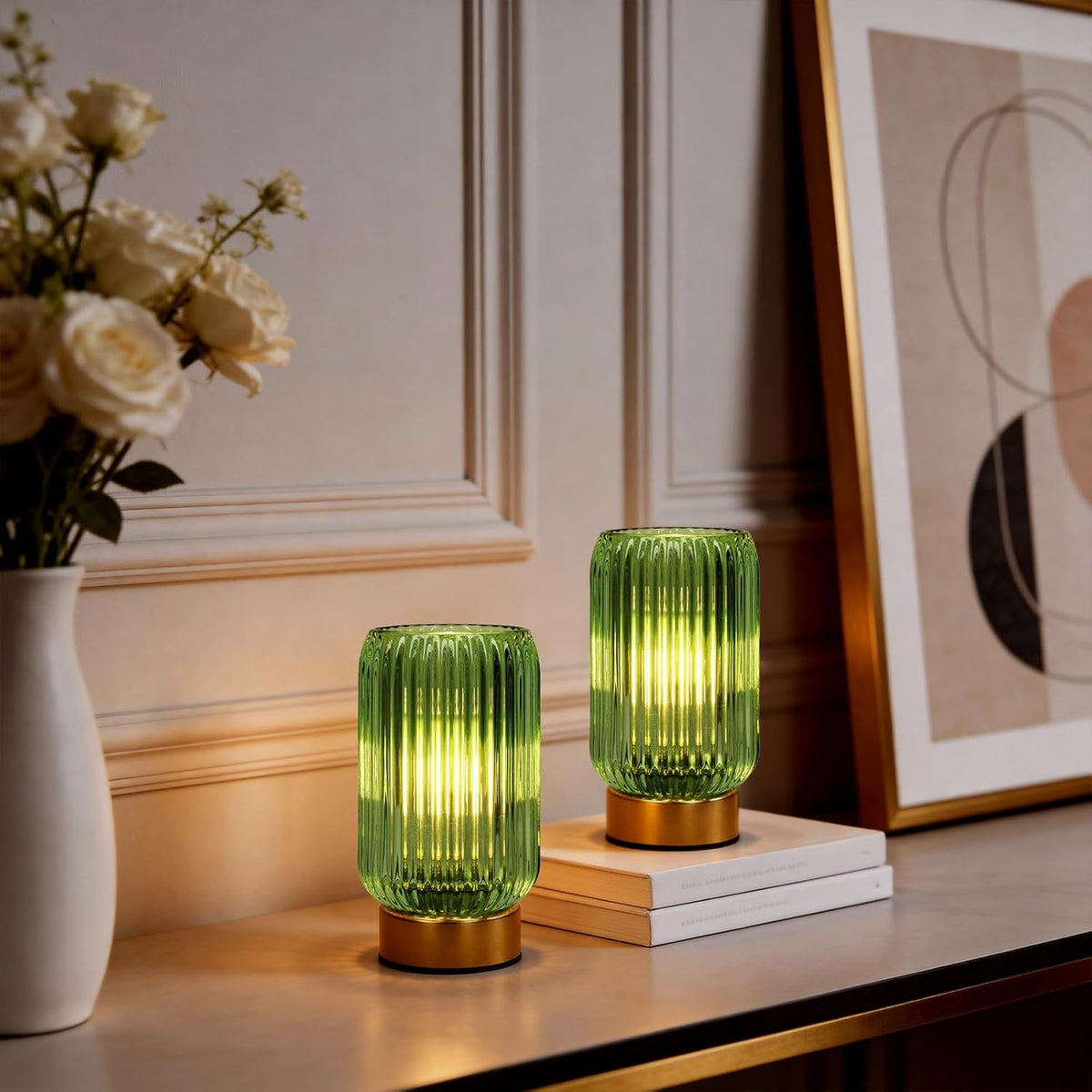 MJ PREMIER Battery Operated Lamp, Small Cordless Lamp with Timer, Green | Vertical Stripes Glass Lampshade, Small Table