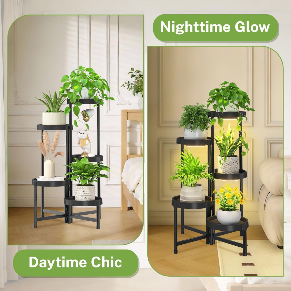 iDavosic.ly 5 Tier Folding Plastic Plant Stand Indoor, Grow Light, Black | Space Saving Tiered Corner Storage Display