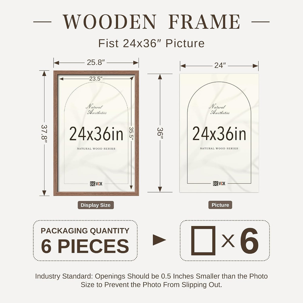 VCK 24x36 Poster Frame Set of 6, Elegant Walnut Wood Picture Frame | 1.1in Wide Border, Wall Hanging, HD Plexiglass