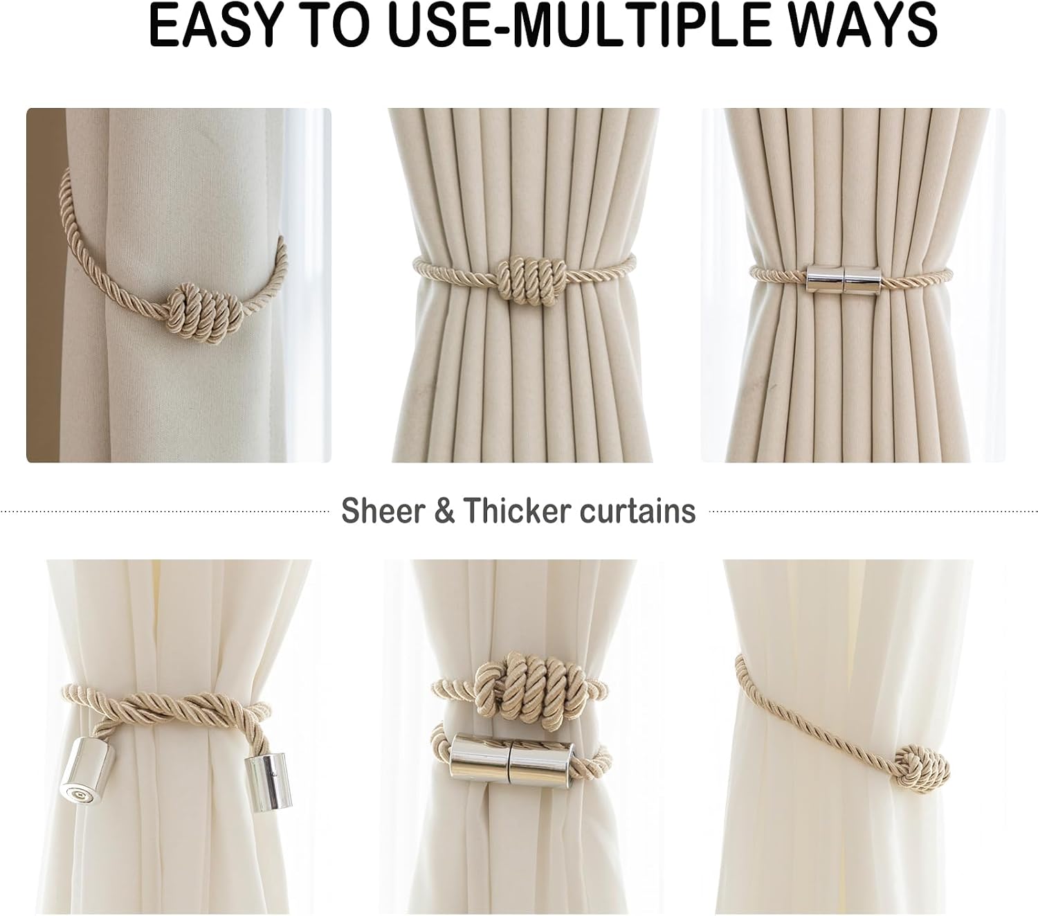 Curtain Tiebacks Magnetic Decorative Rope Tie Backs Holdbacks Contoeey | 8 Pack Beige Modern Elegant Window Treatment