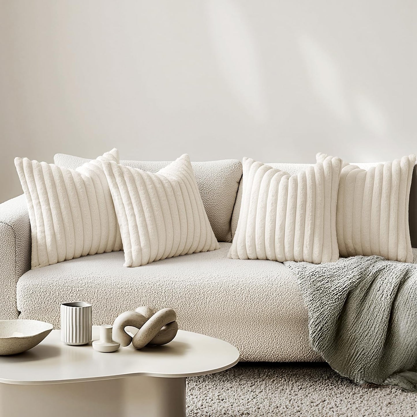 Faux Fur Plush Decorative Throw Pillow Covers / 18 x 18 / Cream White / Set of 4