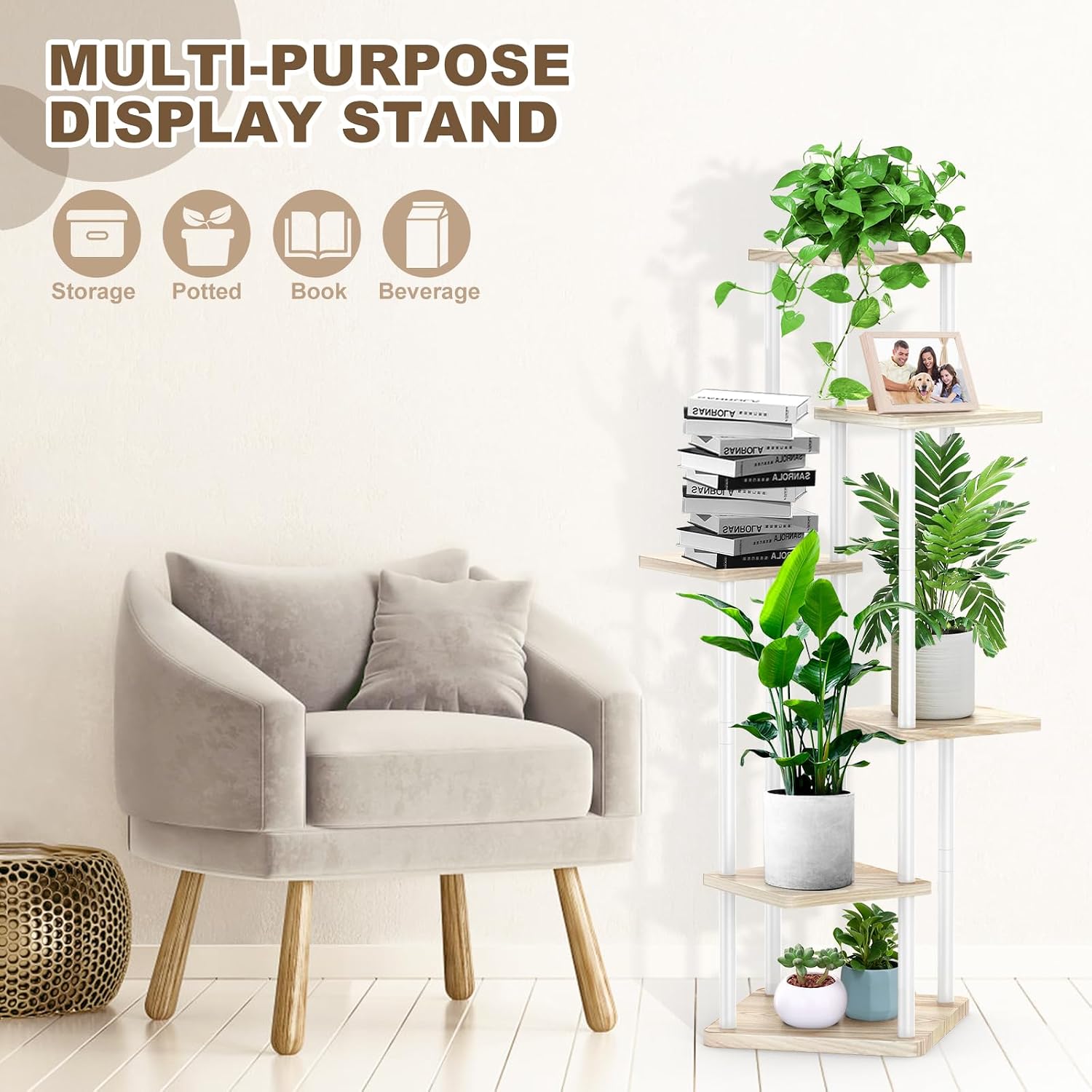 6 Tier Plant Stand Indoor, Thickened Metal Wood Corner Plant Shelf Stands for Multiple Plants, Indoor Tall Plants Stand