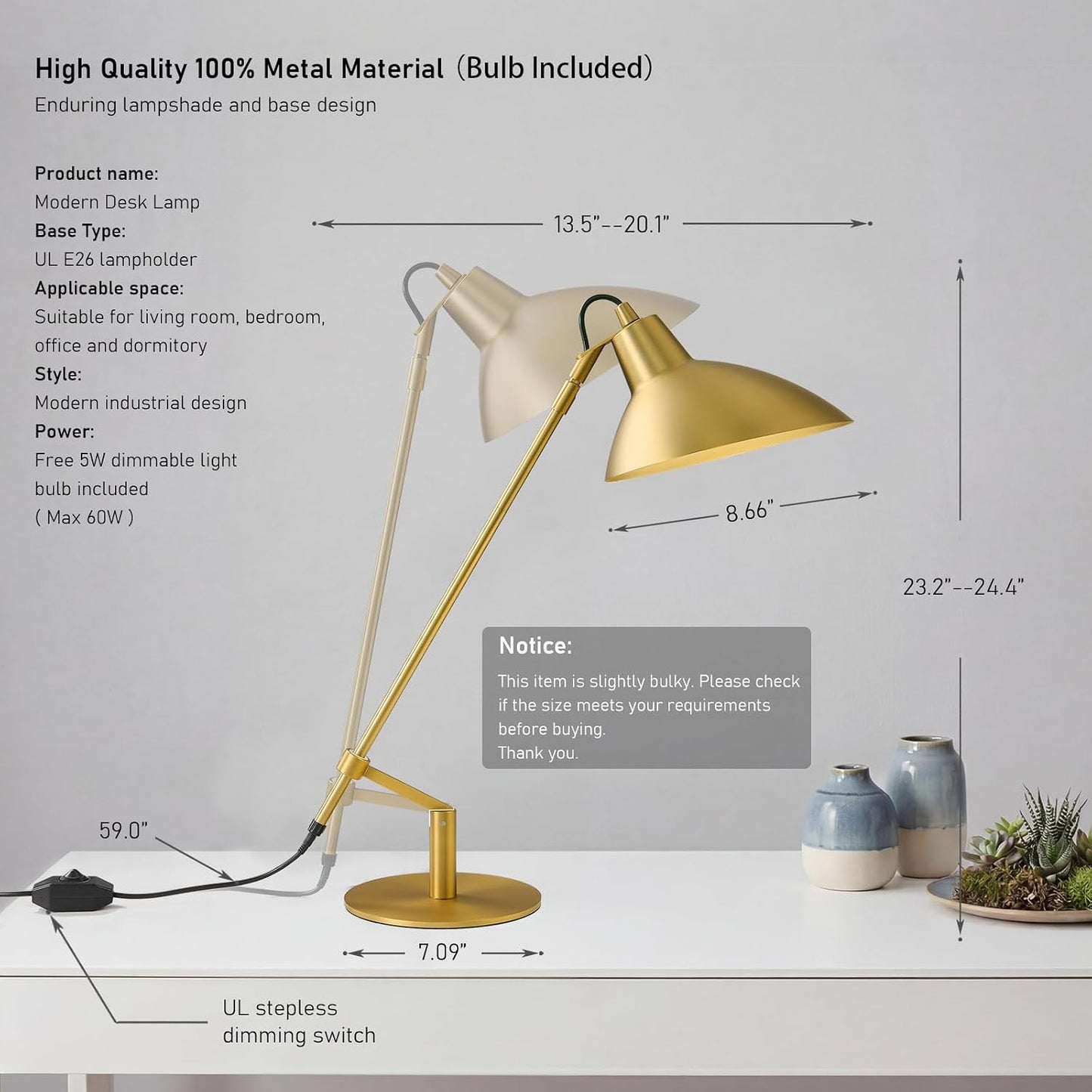 Desk Lamp Modern Industrial 100% Metal Adjustable Table Lamp 24", Natural Light (4000K) with Dimmer, Ideal for Office