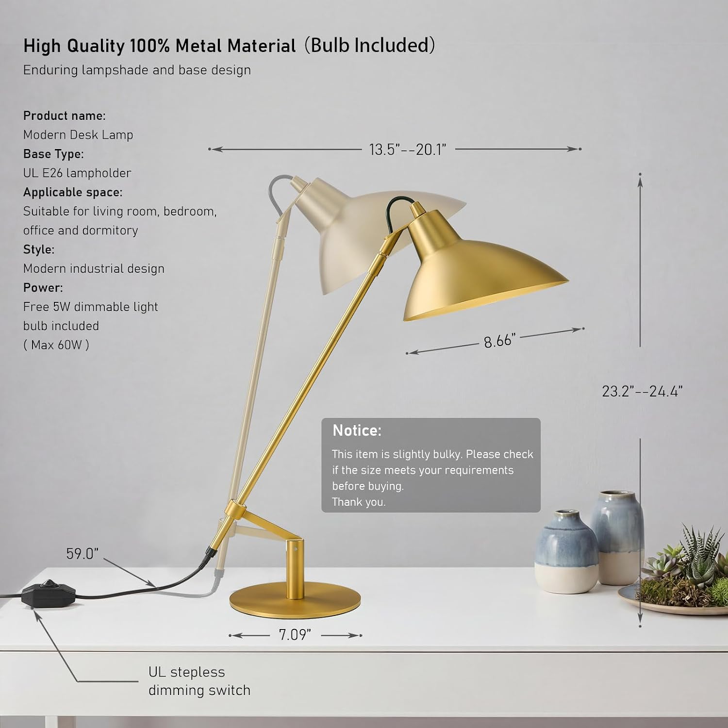 Desk Lamp Modern Industrial 100% Metal Adjustable Table Lamp 24", Natural Light (4000K) with Dimmer, Ideal for Office