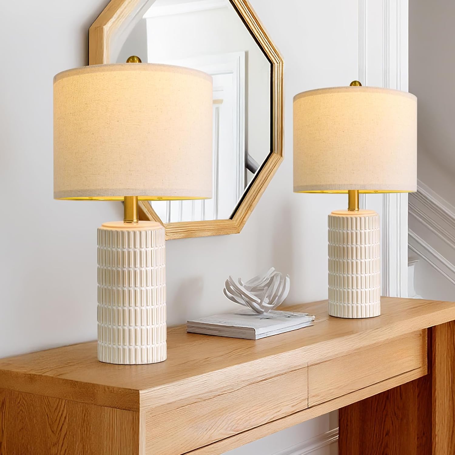 PoKat 20.75" Small Modern Ceramic Table Lamps Set of 2 for Bedroom, White