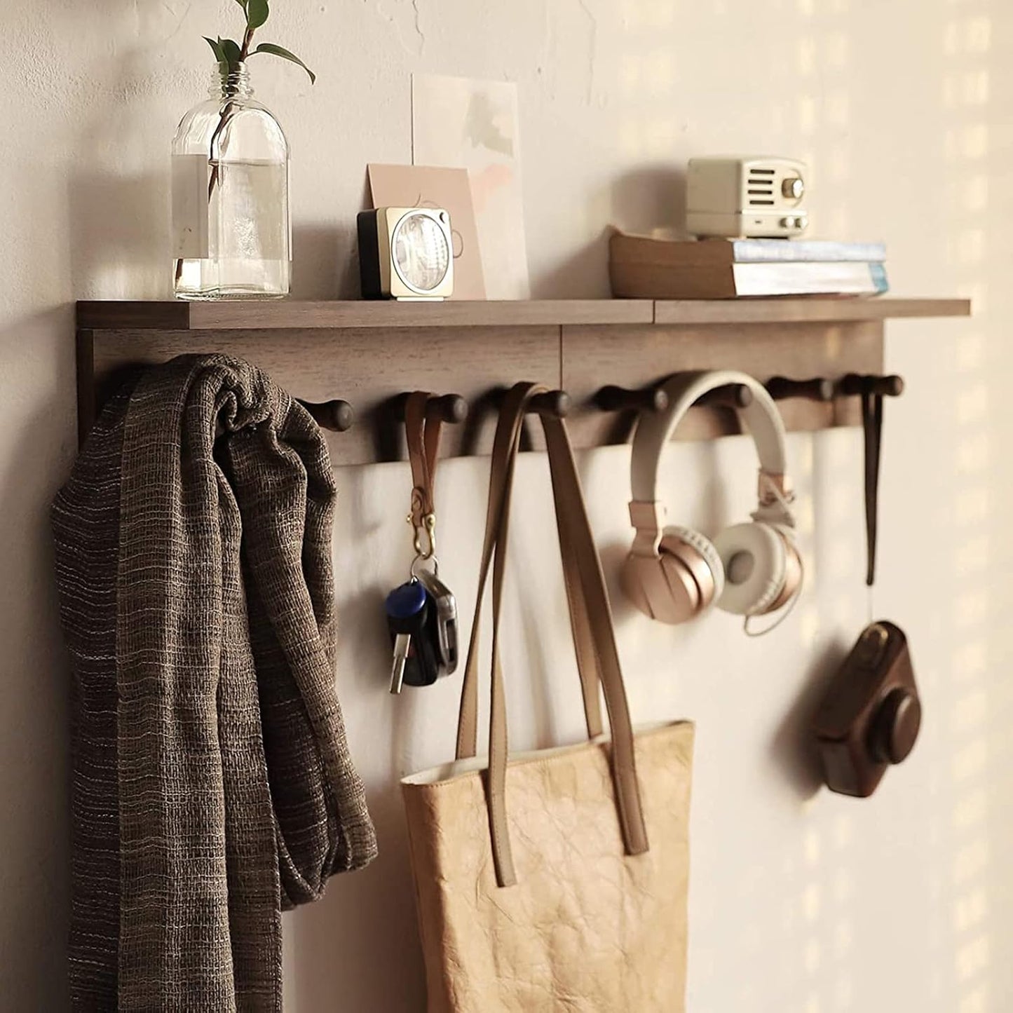 Wall-Mounted Wooden Hook Rack / Walnut Color Finish-a-1