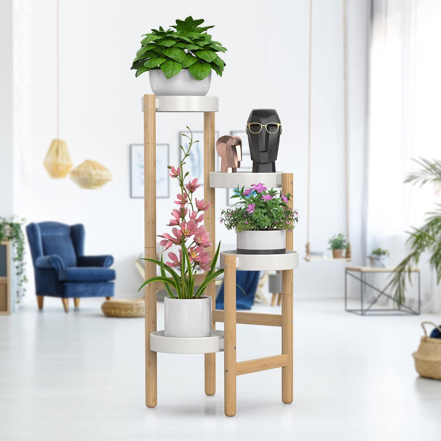 Wisuce Bamboo Plant Stands Indoor, 4 Tier Tall Corner Plant Stand Holder & Plant Display Rack for Outdoor Garden Indoor