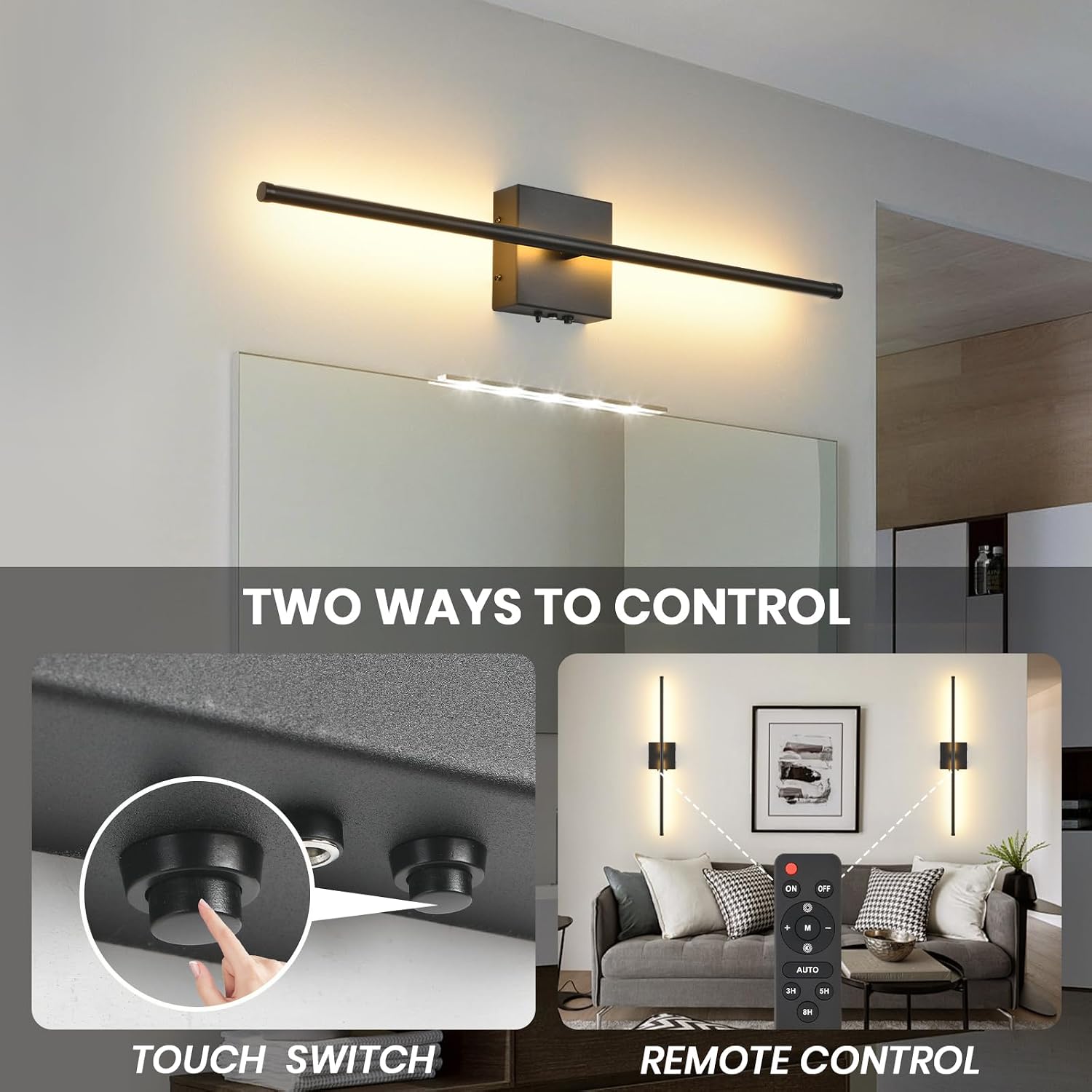 Battery Operated Wall Sconces with Remote Control, 11000mAh LED Wireless Rechargeable Black Wall Lights, 350°Rotate