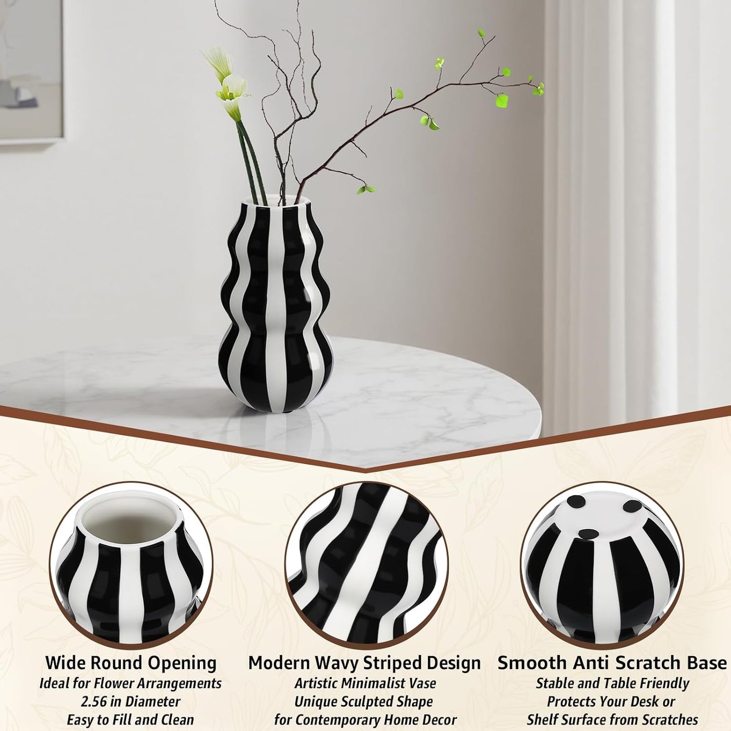 White Ceramic Vase / Black / 8.66 Inch