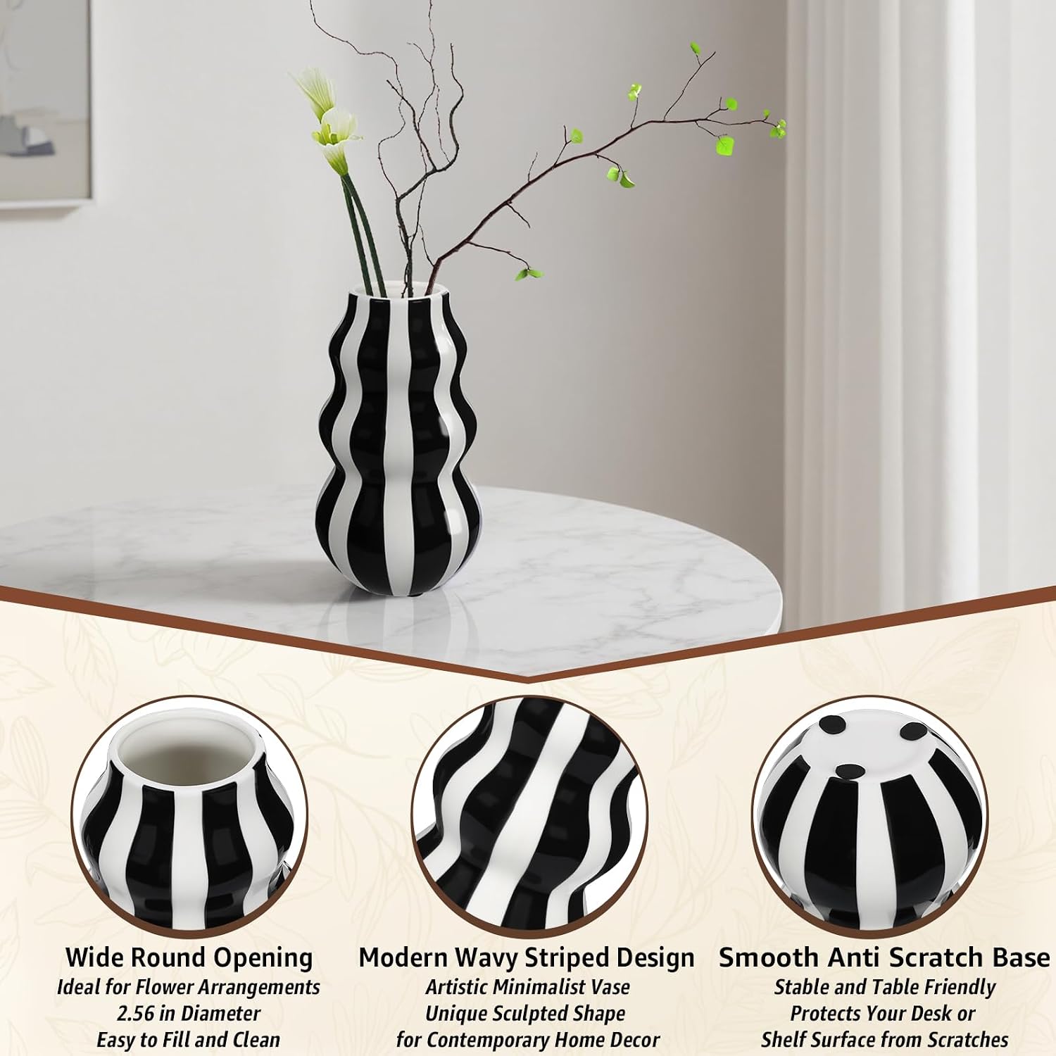 White Ceramic Vase / Black / 8.66 Inch