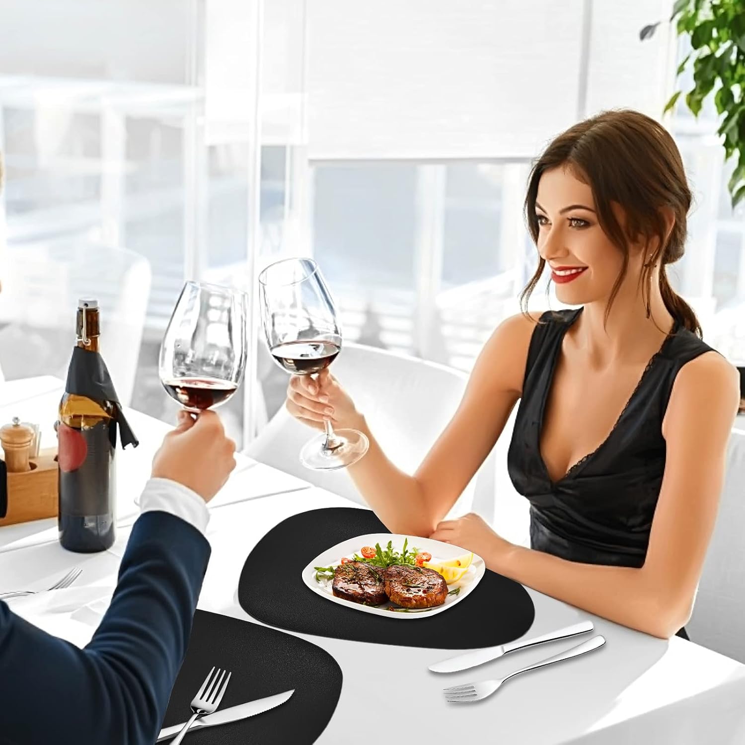 Herda Black Placemats Set of 6 for Dining Table Mats, Faux Leather Place Mats Wipeable Washable Placemats for Round