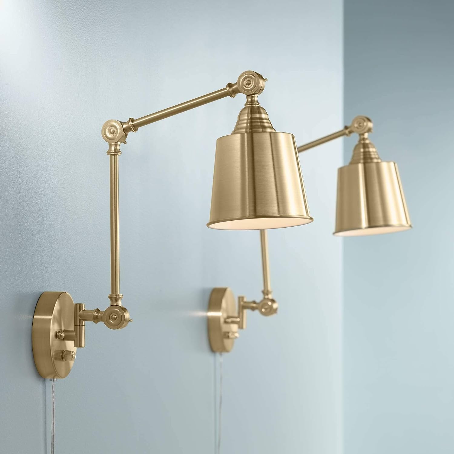 Mendes Antique Brass Swing Arm Plug-In Wall Lamps Set of 2 Light Fixture | Modern Adjustable Up Down Metal Shade for