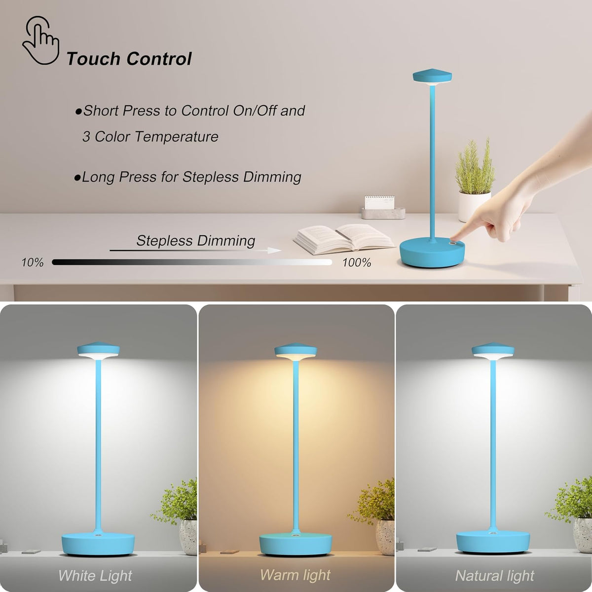 TBBGA Cordless Table Lamp Rechargeable 2 Pack, 5000mAh Battery Table Light | LED, 3 Color Temperatures, Stepless