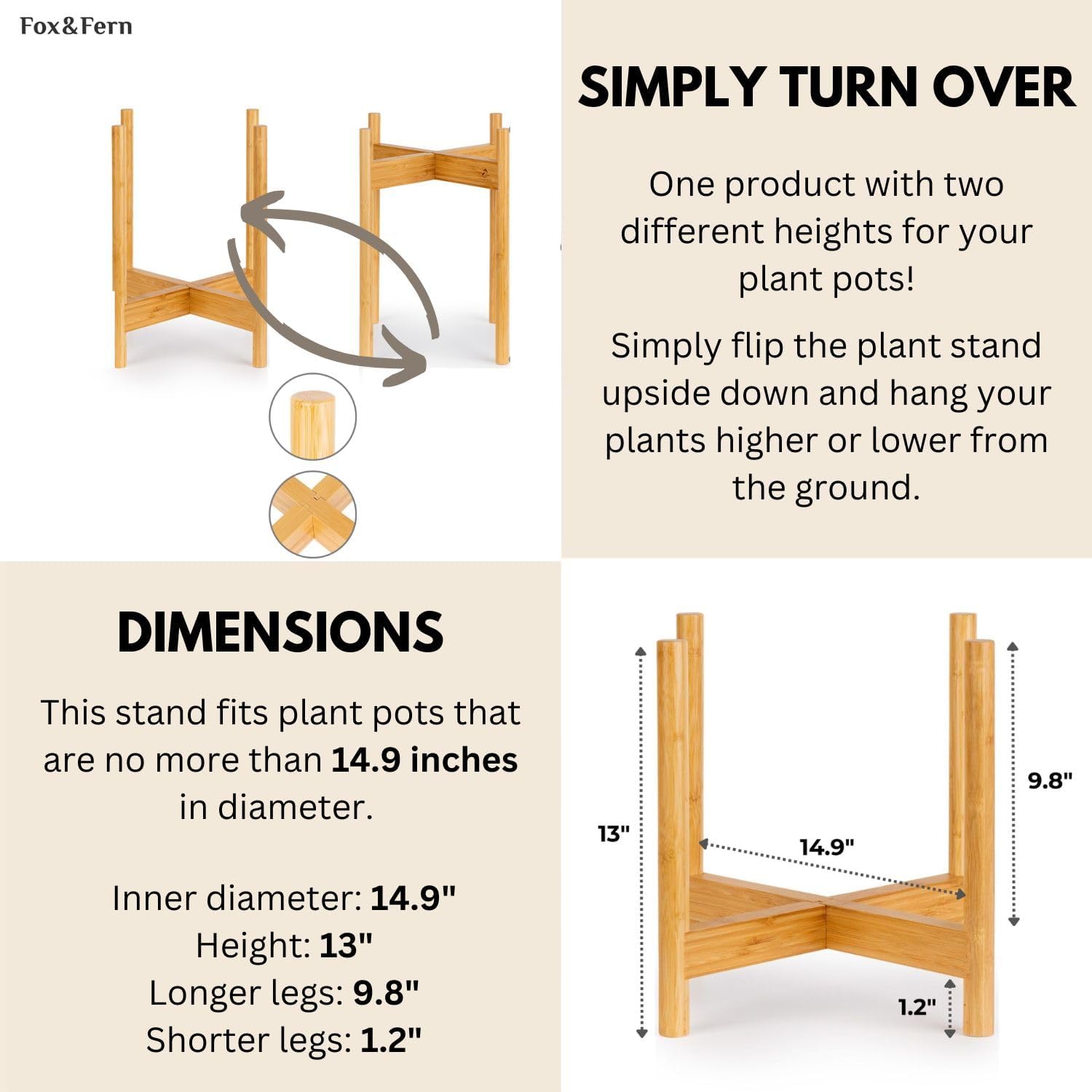 Fox & Fern Mid Century Plant Stands for Indoor Planters, Bamboo, 14.9 Inch | Plug In Design, Holds 200 lbs, Two High
