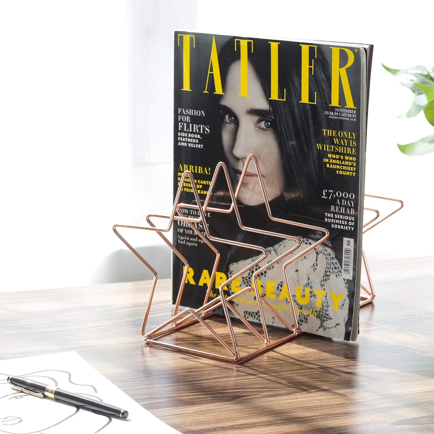 Magazine Holder File Sorter, Metal 5 Slot Desk Organizer Rack for Document, Folder, Letter and Book, Rose Gold