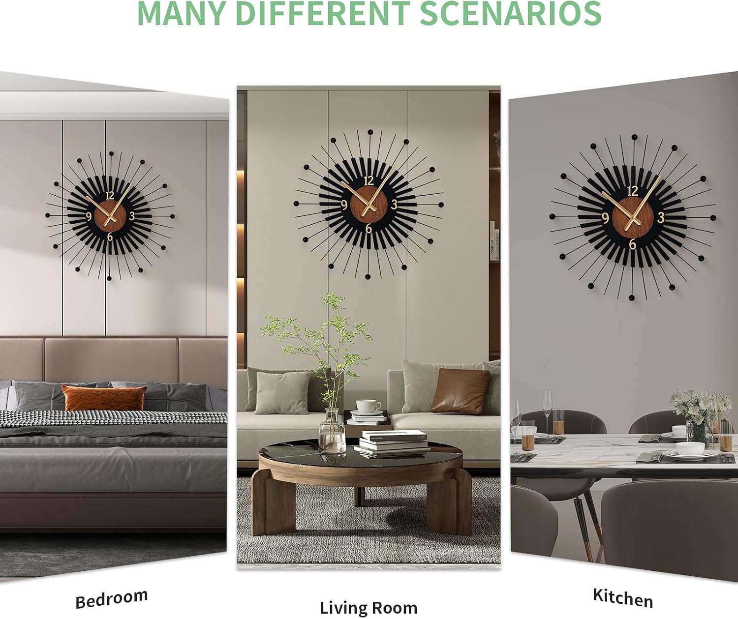 22 Inch Modern Sunburst Wall Clock Battery Operated Silent Quartz Movement | Black Metal Radiating Design with Walnut
