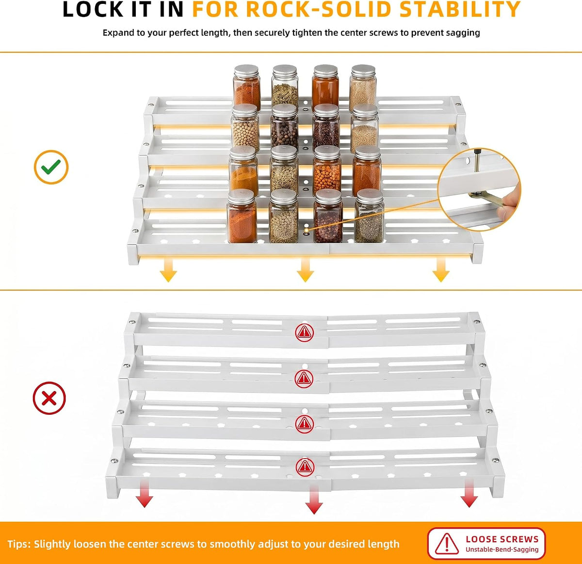 Spice Rack Organizer for Cabinet, 13-21.5" Expandable Spicy Shelf | 11.6" Depth 4-Tier White Metal Seasoning Organizer