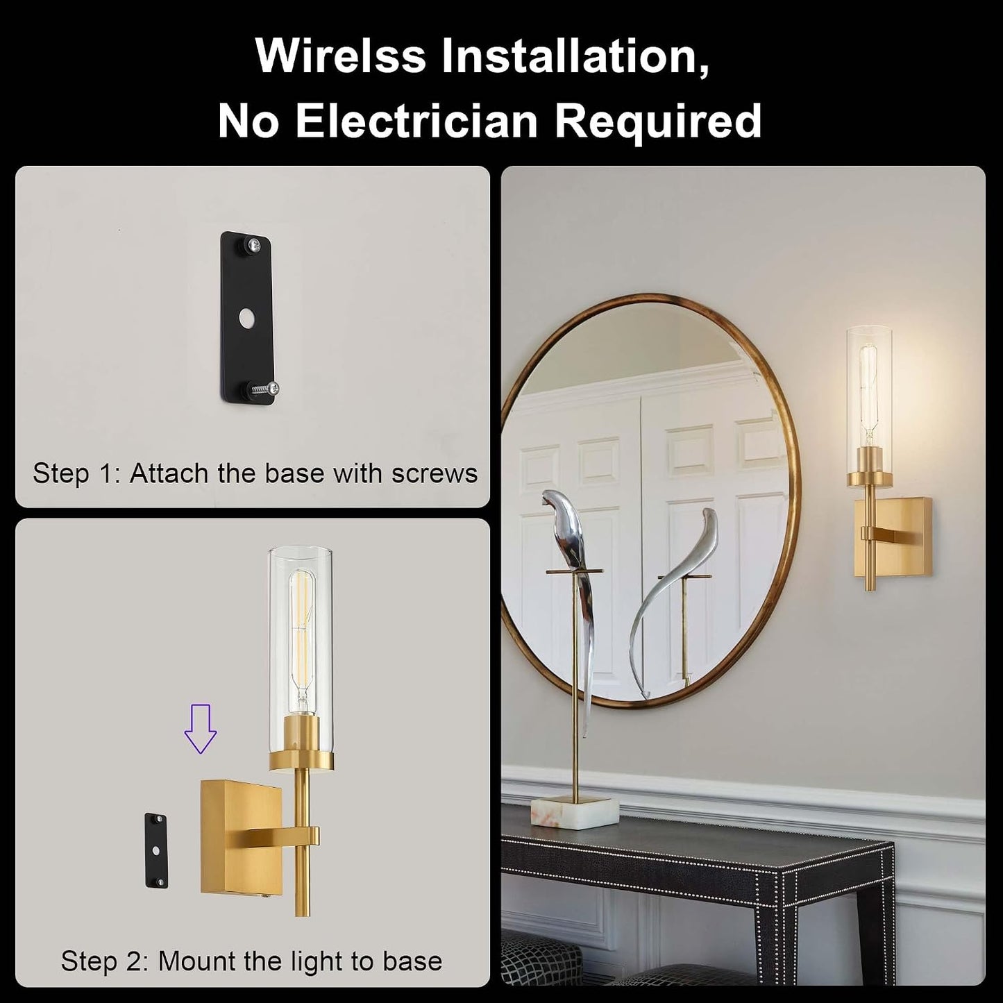 Gold Battery Operated Wall Sconce Set of 2, Wireless Wall Sconces with Remote Control, Rechargeable LED Dimmable Wall