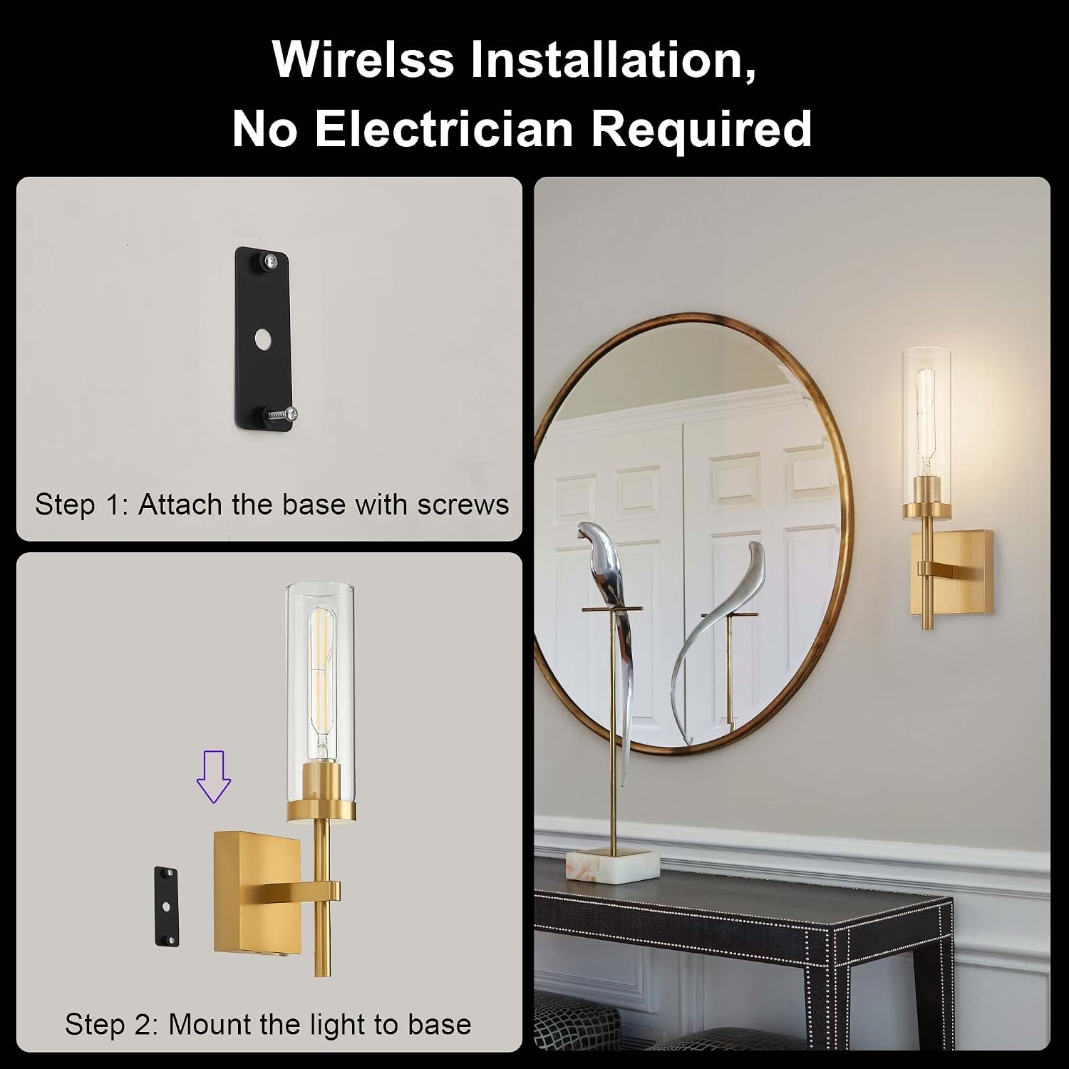 Gold Battery Operated Wall Sconce Set of 2, Wireless Wall Sconces with Remote Control, Rechargeable LED Dimmable Wall
