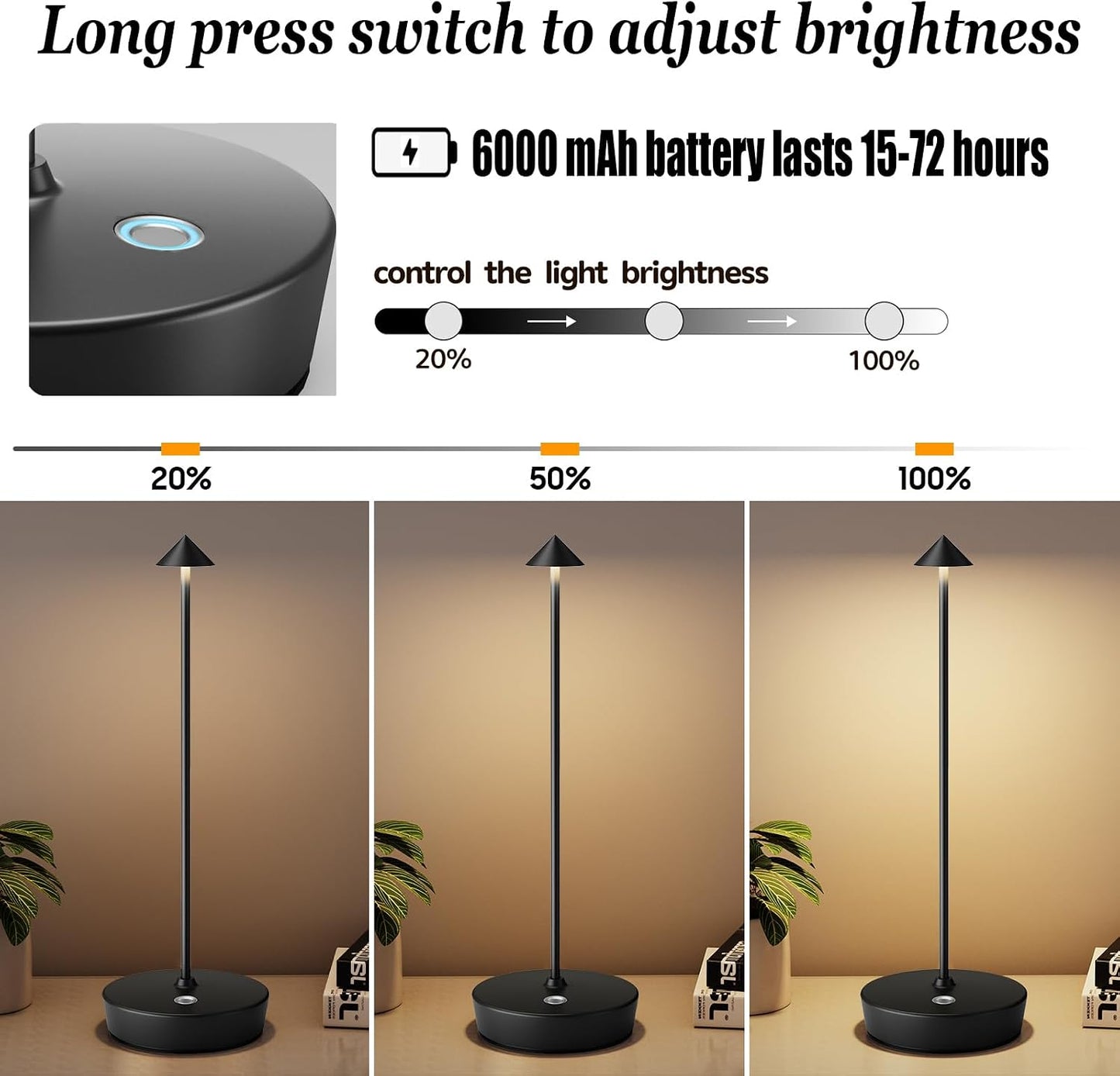 Rechargeable Cordless Table Lamp, Portable Powered LED Battery 6000mAh Metal USB Desk Lamp, 3 Levels Brightness Light