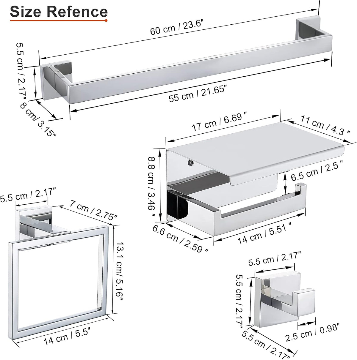 4-Piece Bathroom Hardware Set Chrome Bath Towel Bar Holder Sets Wall Mounted Stainless Steel Square Bathroom Accessory