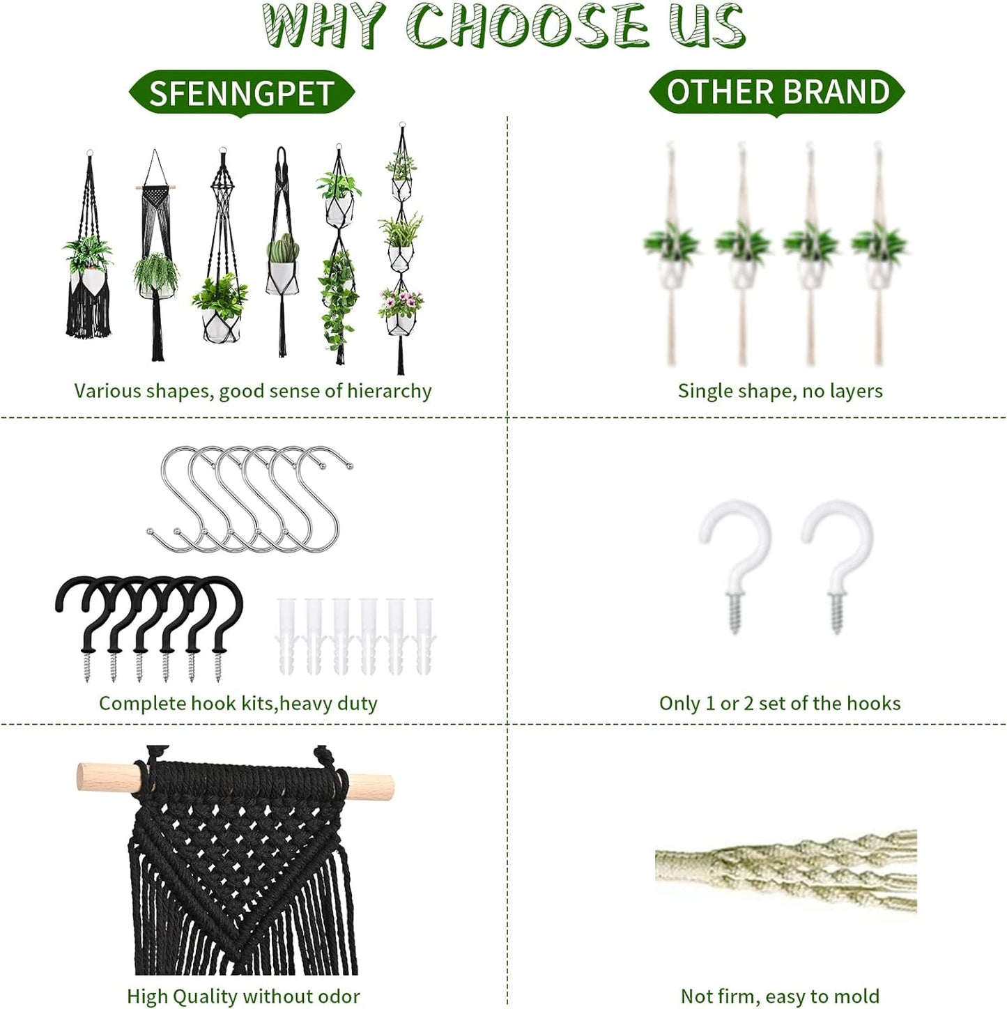 Macrame Plant Hangers / Black / Set of 6