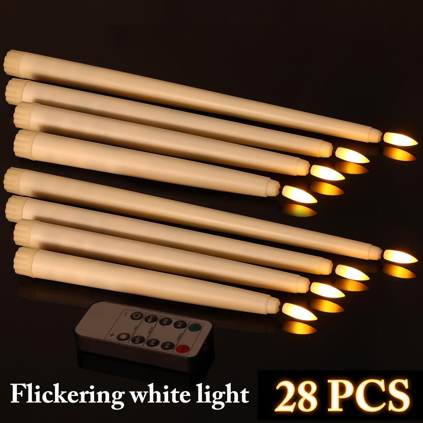 Rossesay 28 Pcs Flameless Taper Candles with Timer Remote 4 Sizes of 8.5", 9.6", 10.83", 12.8" LED Flickering Taper