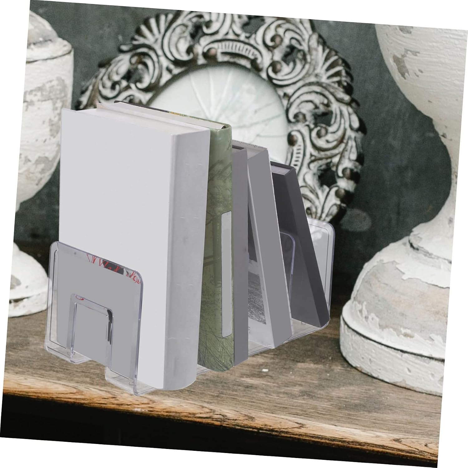4 Bookends Storage File Boxes Non- Skid Bookend Document Rack Folders for Filing Cabinet / Clear