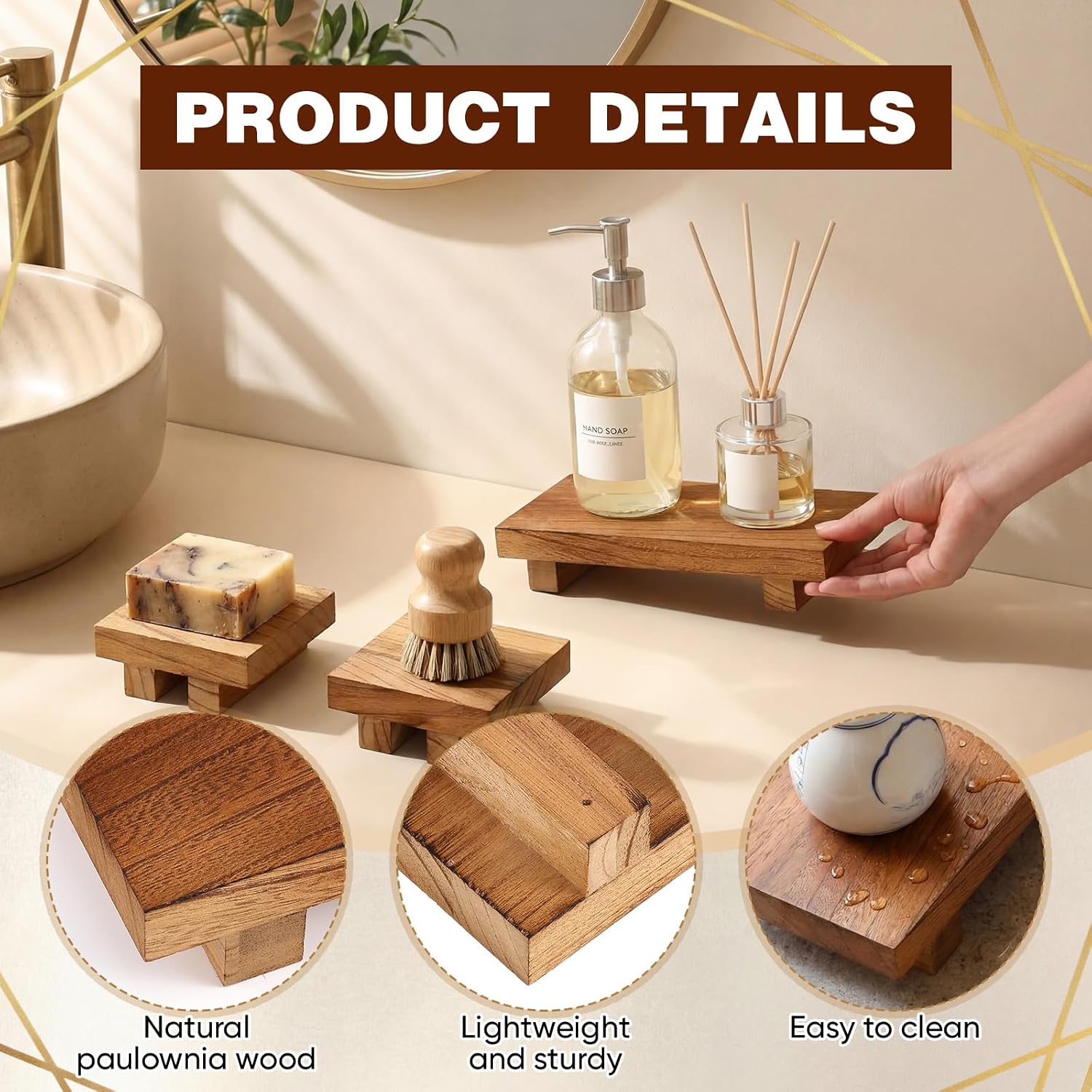 Wooden Risers for Display Paulownia Wood Pedestal Stand Bathroom Kitchen Counter / Brown / Set of 3