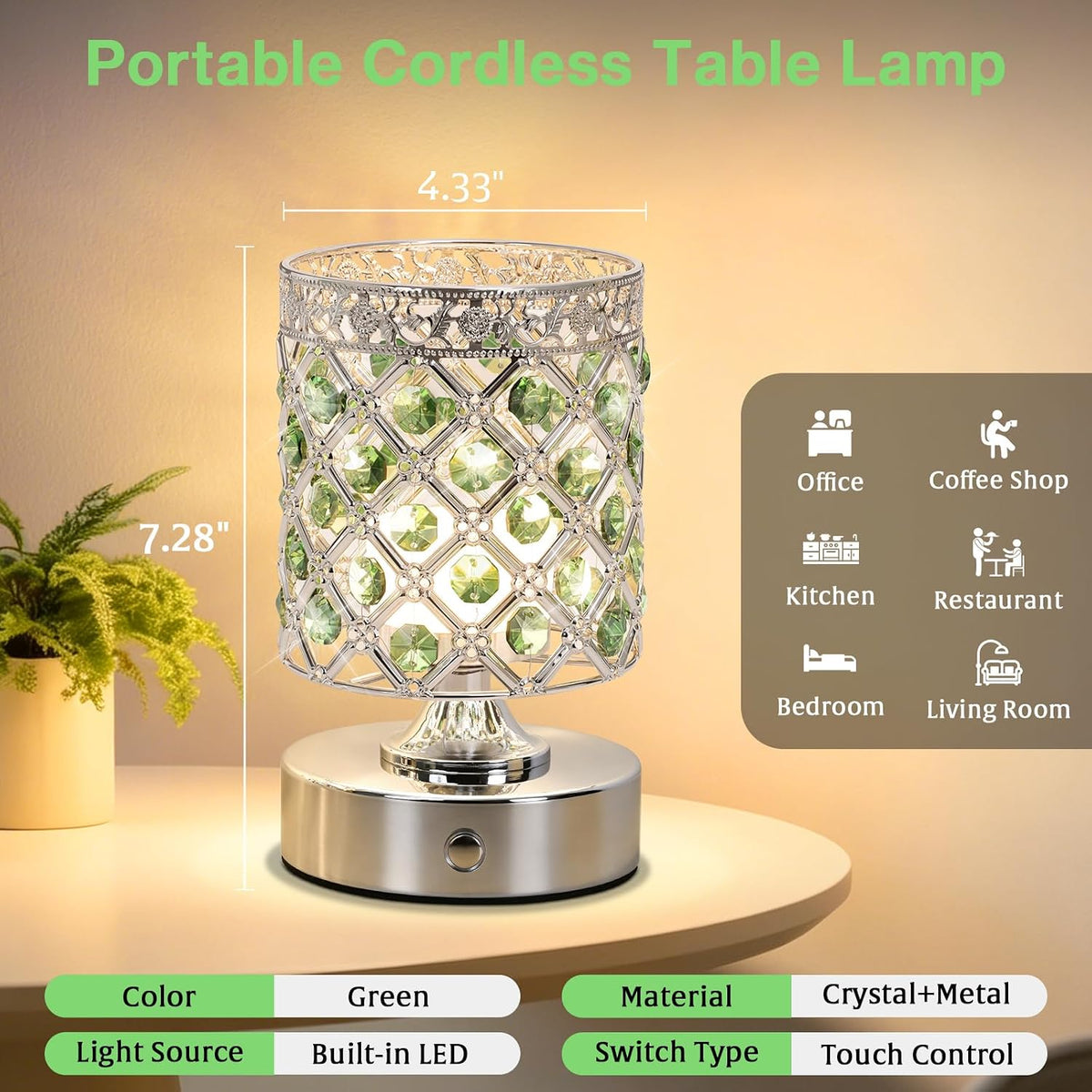 Green Small Crystal Rechargeable Cordless Table Lamps Set of 2 | 6000mAh Battery, 3 Color Temps, Stepless Dimming