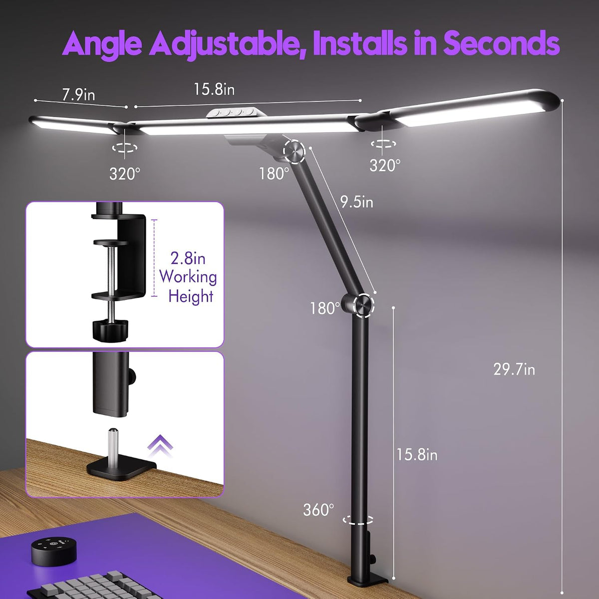 Quntis 32.3" Eye Care Architect Desk Lamps with Clamp for Office Home Dorm | 1100LM Bright, Ambient Backlight, Radar