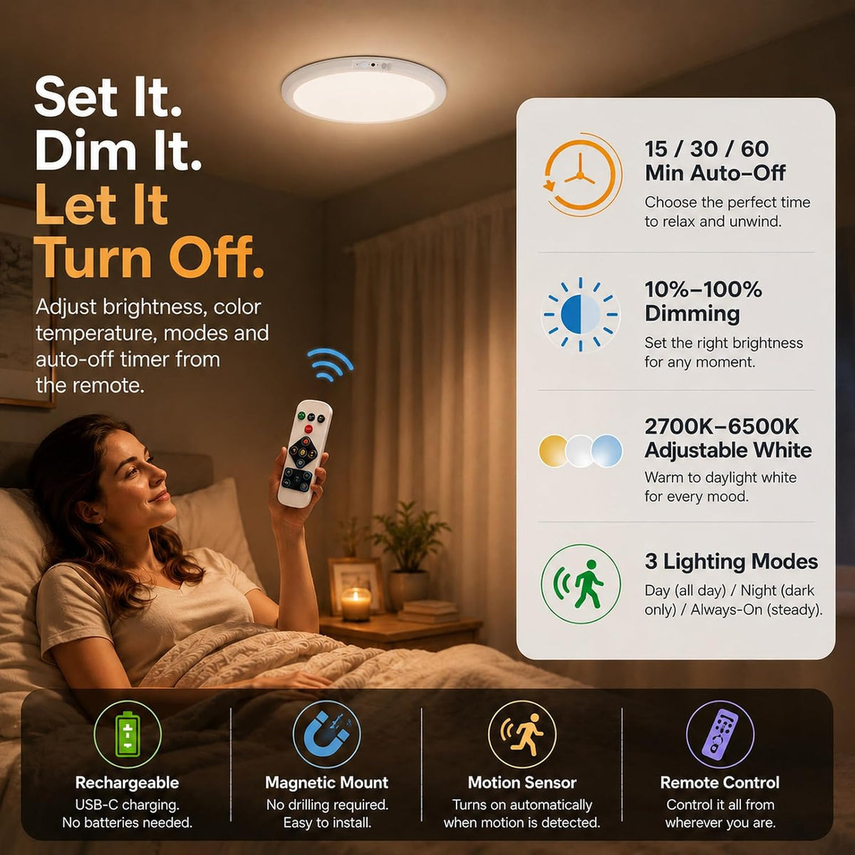 4 Packs Wireless Closet Lights Motion Sensor with Remote, 3 Color & 3 Mode Dimmable Magnetic Rechargeable LED Ceiling