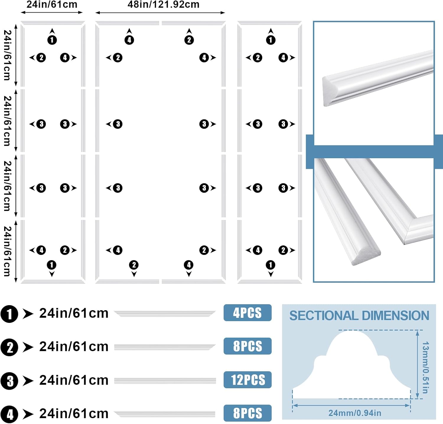 Peel and Stick Wall Molding Kit / 24 x 96 / Set of 3
