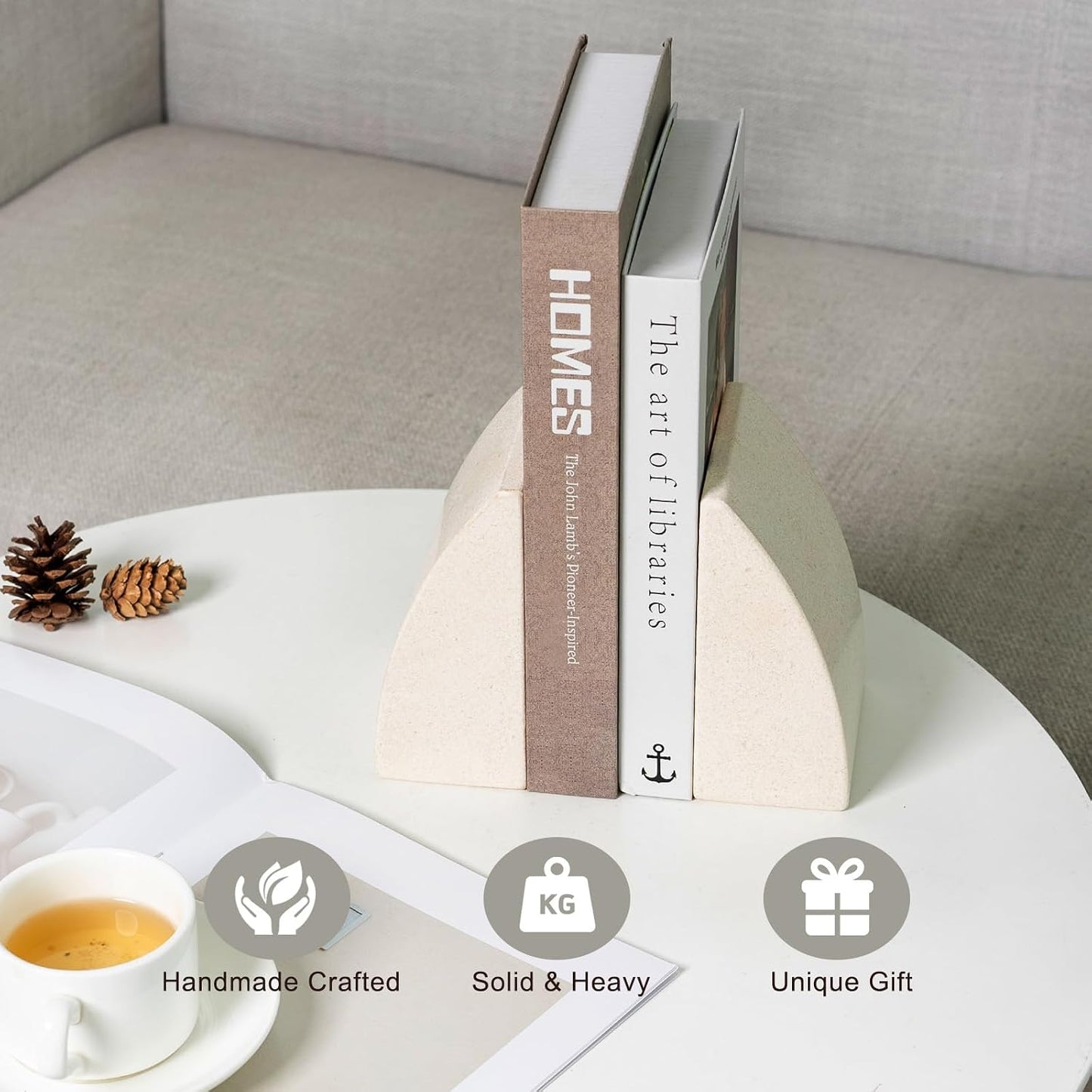 Marble Bookends / Large Bookends for Heavy Books / Sail-beige