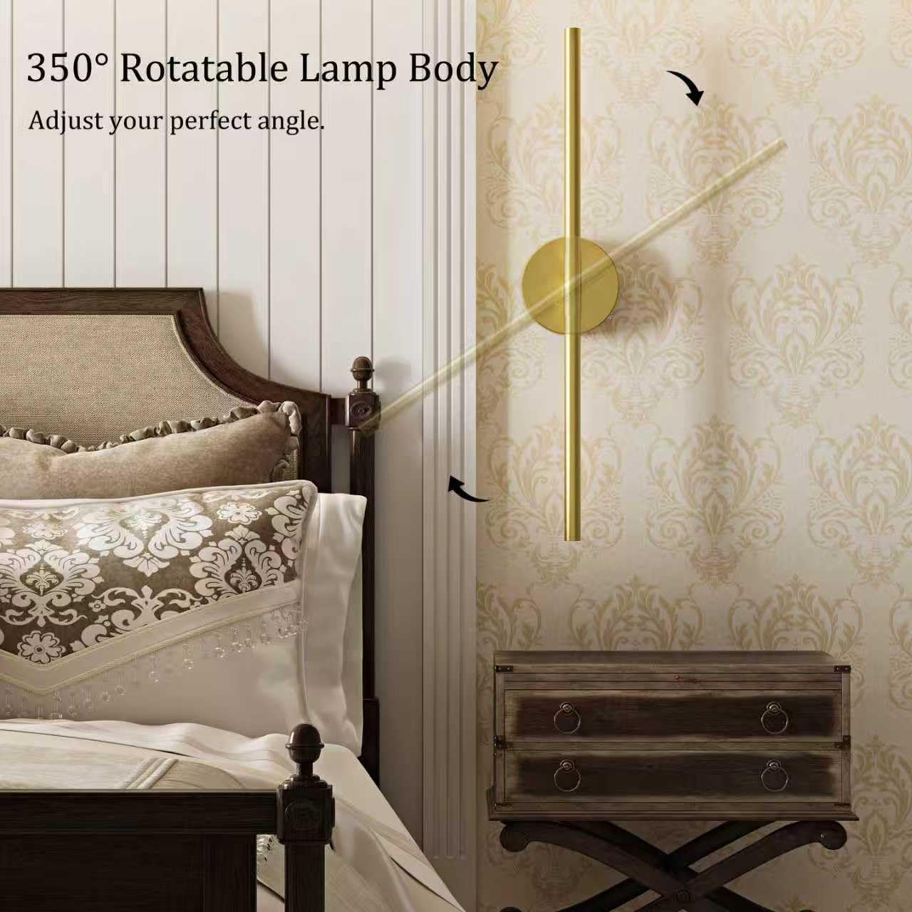 24" Battery Operated Wall Sconce Set of 2, 350° Rotating Lamp, Gold | Wireless, 8000mAh Rechargeable Battery, Stepless