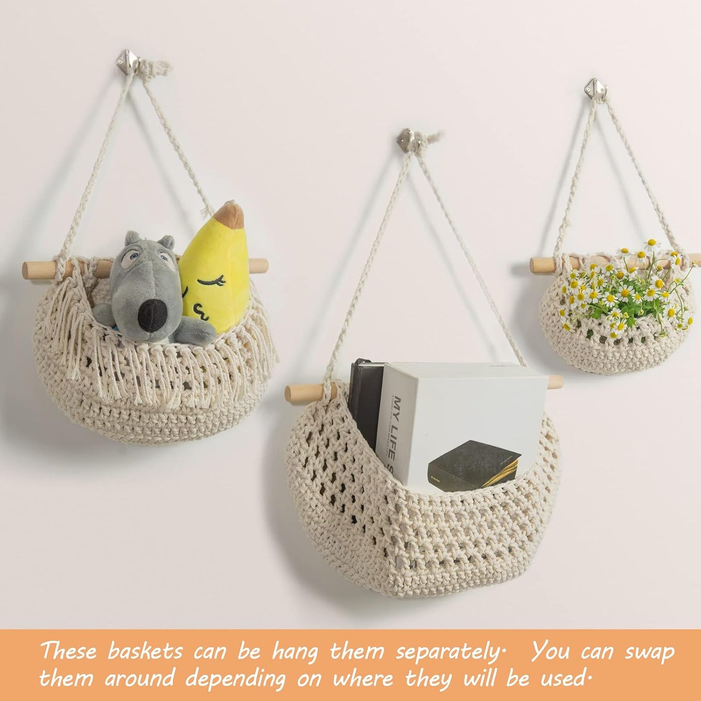 Handmade Woven Cotton Rope Wall Hanging Baskets for Organizing / White
