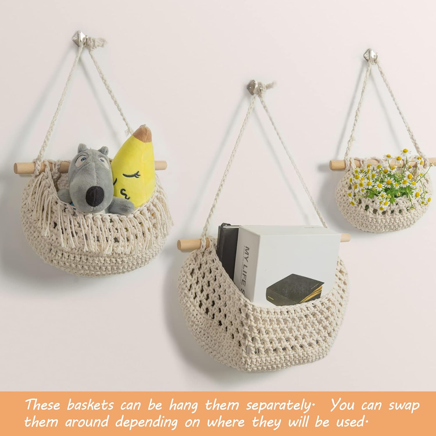 Handmade Woven Cotton Rope Wall Hanging Baskets for Organizing / White