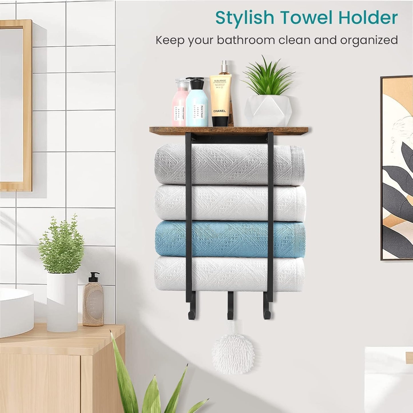 ELITEROO Towel Racks for Bathroom Wall Mounted, Hanging Towel Holder | Wood Towel Rack Shelf with 3 Hook for Washcloths