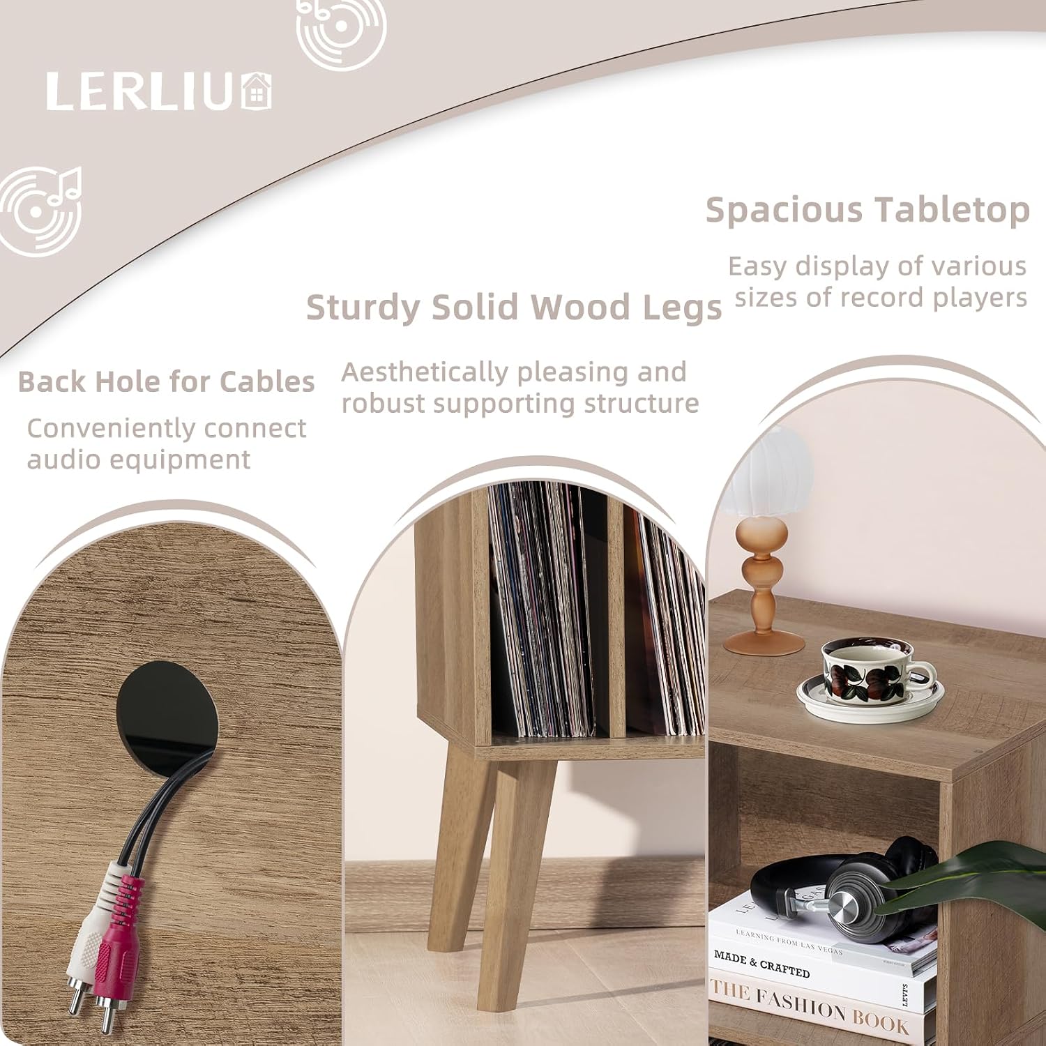 Lerliuo Record Player Stand, Oak Turntable Stand Holds up to 160 Albums | Mid-Century Vinyl Storage Cabinet Table,Solid