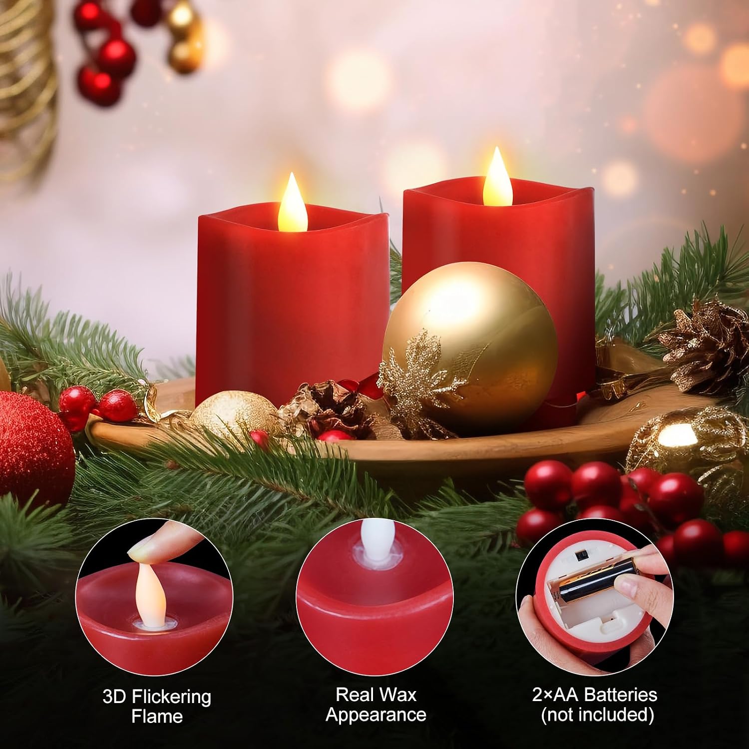 3x3 Flickering Flameless Candles Set of 2, LED Battery Operated Candles, 3 inch Flameless Candles with Remote Control